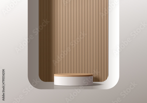 Realistic 3D brown wood and white cylinder podium background with wood pattern in window scene. Minimal abstract mockup product display presentation, Stage showcase. Platforms vector geometric design.