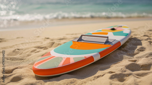 Colorful paddleboard resting on a sandy beach with gentle waves in the background