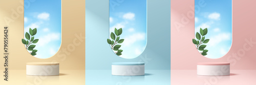 Set of pink, yellow, blue 3d cylindrical product podium with blue sky, green leaf in arch window scene. Abstract minimal mockup, Product display presentation, Stage showcase. Platforms vector design.