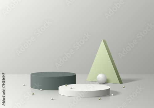 Realistic 3D cylinder product podium pedestal background with sphere ball and geometric backdrop wall scene. Abstract minimal 3D mockup display presentation, Stage showcase. Platforms vector design.