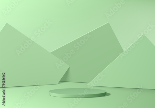Realistic green 3D cylinder podium pedestal background with geometric triangle layers backdrop scene. Minimal mockup or abstract product display presentation, Stage showcase. Platforms vector design.