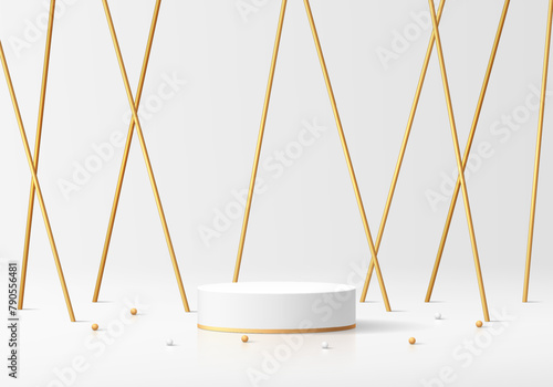 Realistic white 3D cylinder product podium background with luxury golden pillars backdrop wall scene. Abstract minimal 3D mockup display presentation, Stage showcase. Platforms vector geometric design