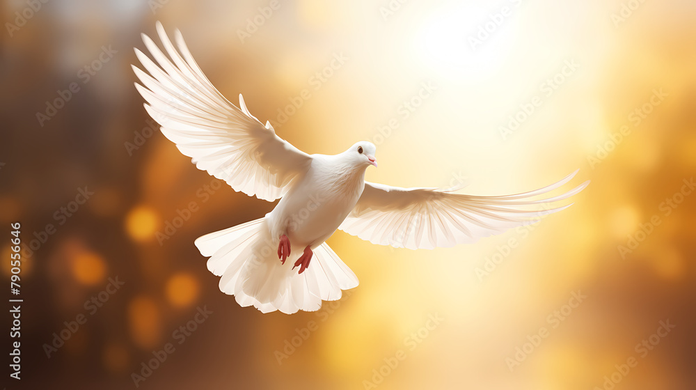 Beautiful white dove spreads its wings and flies in the sun Beautiful white dove spreads its wings and flies in the sun
