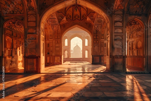  A monumental archway bathed in the warm light of sunrise  its meticulously carved details casting dramatic shadows.