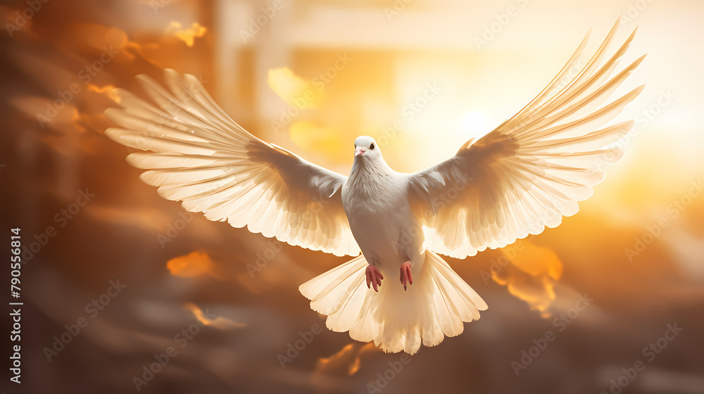 Fototapeta premium Beautiful white dove spreads its wings and flies in the sun