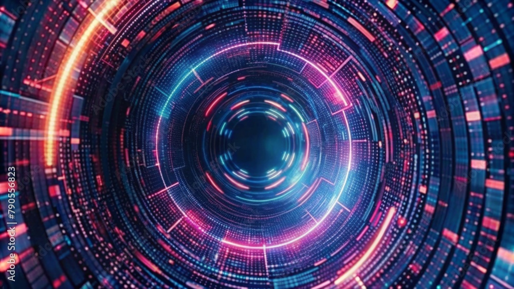 Abstract digital background with a futuristic glowing circular tunnel and binary code pattern