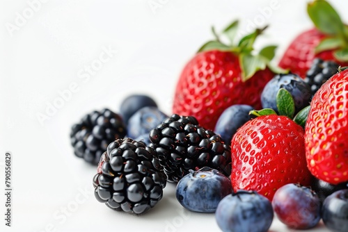 Close up of fresh berries on a white background, strawberries and blueberries and blackberries with raspberries