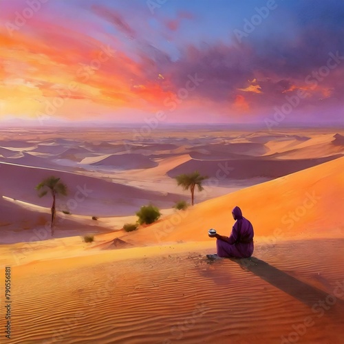 "Experience the serenity of the desert at dawn with the sun rise over the horizon, painting the sky with hues of orange and pink, as you sip on traditional Bedouin tea."