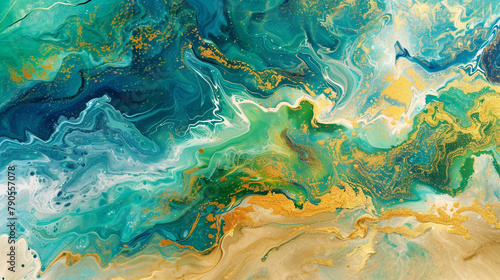 Fluid art evoking a tropical paradise, with azure, green, and gold blending like the ocean meeting the beach under the sun. For vibrant decor.