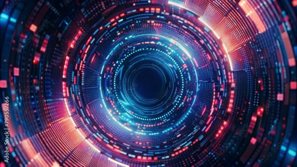 Obraz premium Abstract digital background with a futuristic glowing circular tunnel and binary code pattern