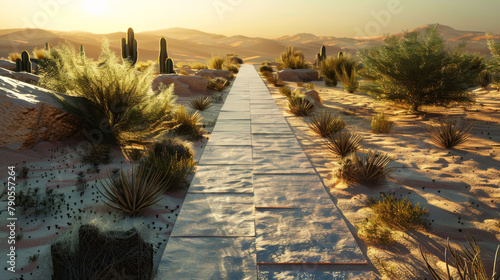Long paved walkway in middle of desert leading to nowhere with few shrubs on side of the path photo