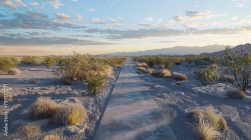 Long paved walkway in middle of desert leading to nowhere with few shrubs on side of the path photo
