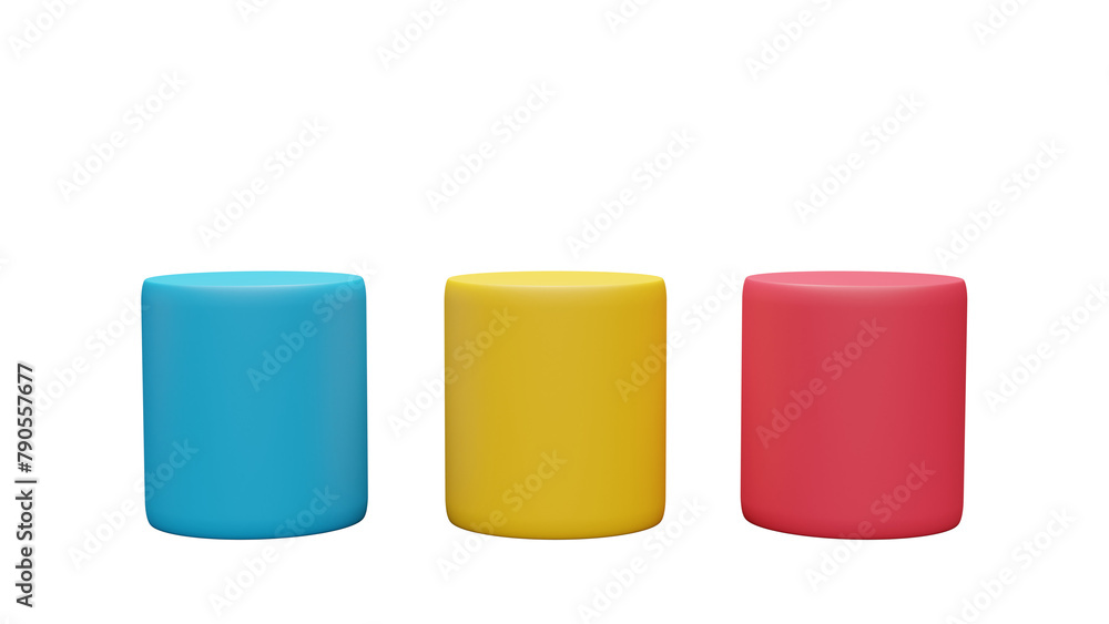 three different colored plastic containers on a white surface three different colored plastic containers on a white surface