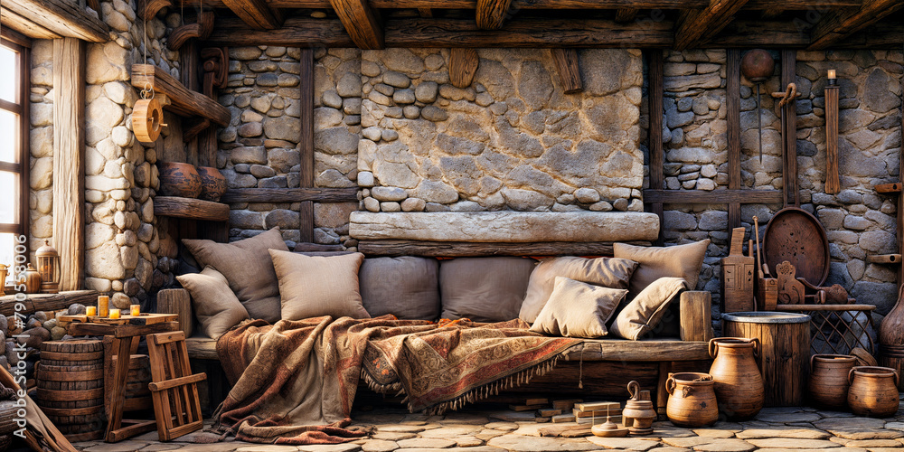 Rustic Stone and Wood Interior of Cozy Historical Home with Traditional Decor Rustic Stone and Wood Interior of Cozy Historical Home with Traditional Decor