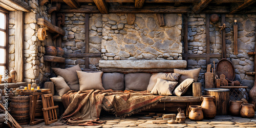 Rustic Stone and Wood Interior of Cozy Historical Home with Traditional Decor