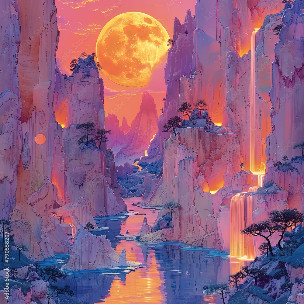 a painting of a mountain scene with a full moon