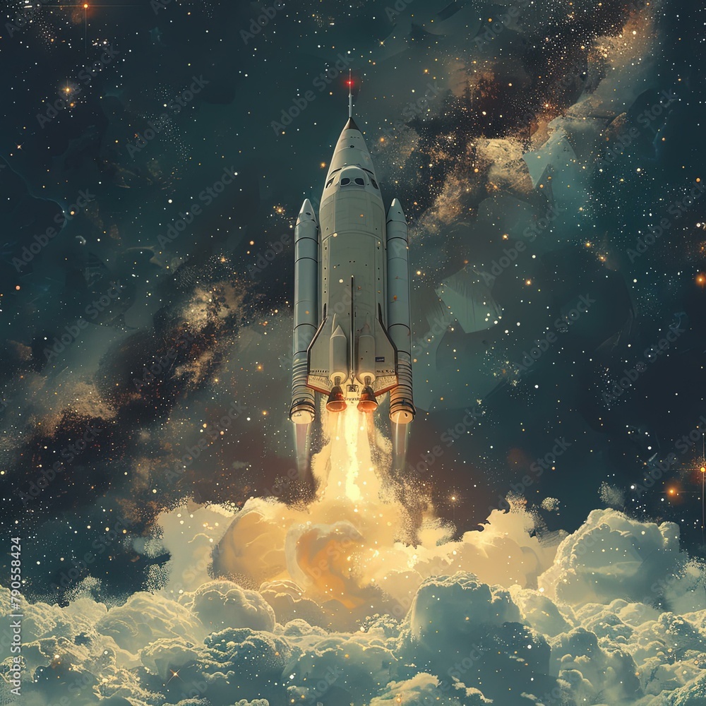Naklejka premium a space shuttle flying through the sky with clouds