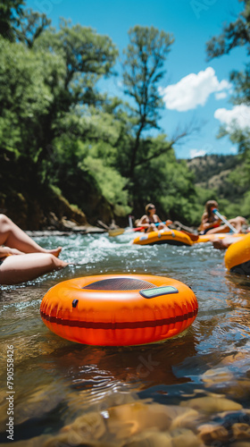 Adventurous river tubing on a clear day with forested landscape