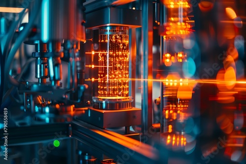 : A quantum computer with glowing qubits in a high-tech lab. photo