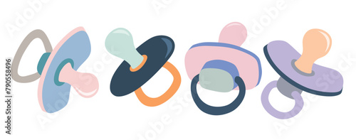 Cute baby girl pacifier vector set isolated white background.