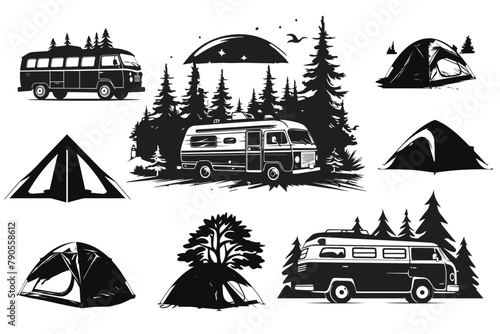 Set of Camping tent and bus silhouette, Camping gear,
Tent set,
Outdoor essentials,
Camping equipment,
Silhouette art,
Camping supplies,
Adventure gear,
Tent and bus combo,
Outdoor silhouette,
