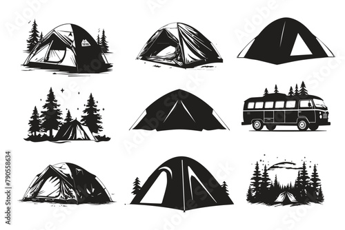 Set of Camping tent and bus silhouette, Camping gear,
Tent set,
Outdoor essentials,
Camping equipment,
Silhouette art,
Camping supplies,
Adventure gear,
Tent and bus combo,
Outdoor silhouette,
