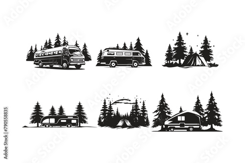 Set of Camping tent and bus silhouette, Camping gear,
Tent set,
Outdoor essentials,
Camping equipment,
Silhouette art,
Camping supplies,
Adventure gear,
Tent and bus combo,
Outdoor silhouette,
