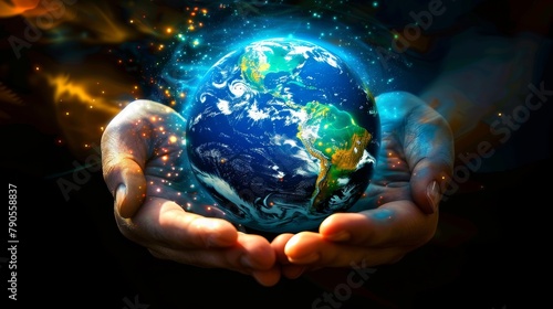 A hand is holding a globe with a blue and green color