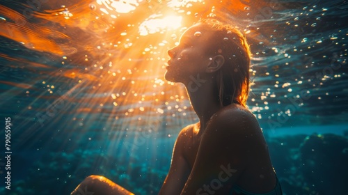 A woman is sitting in the ocean  looking up at the sun. The water is clear and the sun is shining brightly  creating a peaceful and serene atmosphere