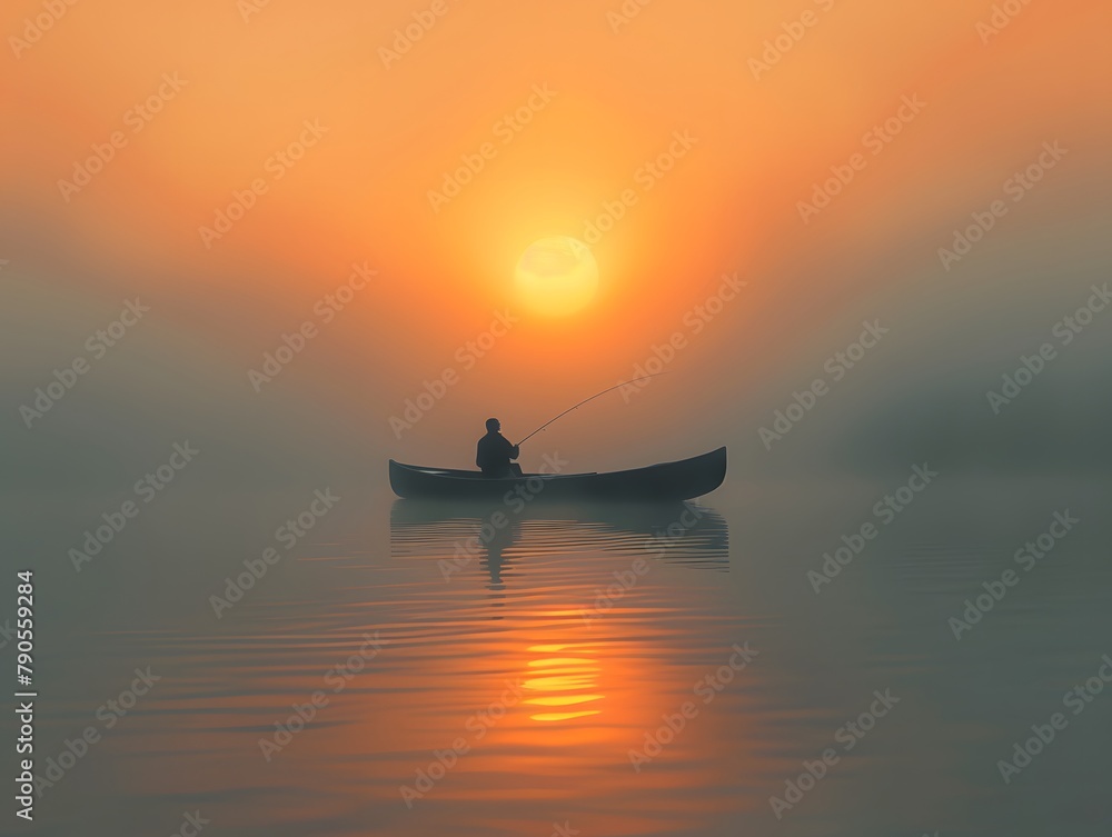 Silhouetted against a radiant golden sunset, a lone fisherman in a boat casts a line into the calm waters. Silhouetted against a radiant golden sunset, a lone fisherman in a boat casts a line into the calm waters.