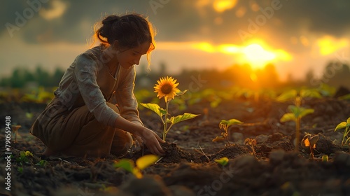 act of gardening as a person tenderly plants new life into the earth, portrayed in stunning 8k ultra HD resolution for cinematic appeal. photo