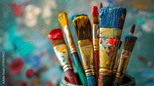A bunch of paintbrushes are in a cup with paint on them. The colors are bright and the brushes are all different sizes. Scene is cheerful and creative