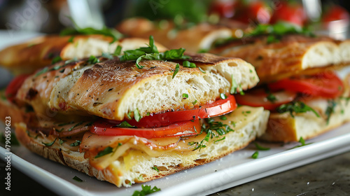 Focaccia sandwiches filled with gourmet Italian ingredients, bright and fresh fillings on a clean, white plate