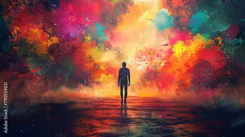 A man stands in front of a colorful explosion. The explosion is made up of different colors and it looks like a painting. The man is the only person in the scene, and he is looking up at the explosion photo