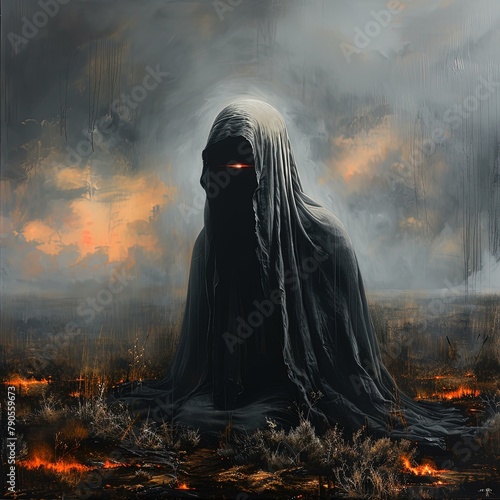 painting of a person in a black cloak with a red eye