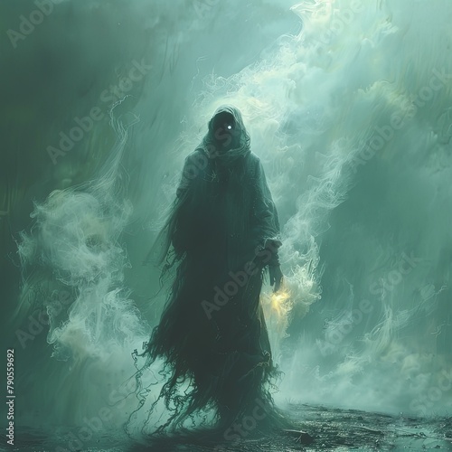 a man in a black robe standing in a body of water