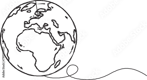 Continuous Earth line drawing symbol. World map one line art. Earth globe hand drawn insignia. Stock vector illustration isolated on white background