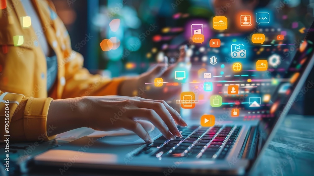 A woman is typing on a laptop with a colorful background of icons A woman is typing on a laptop with a colorful background of icons