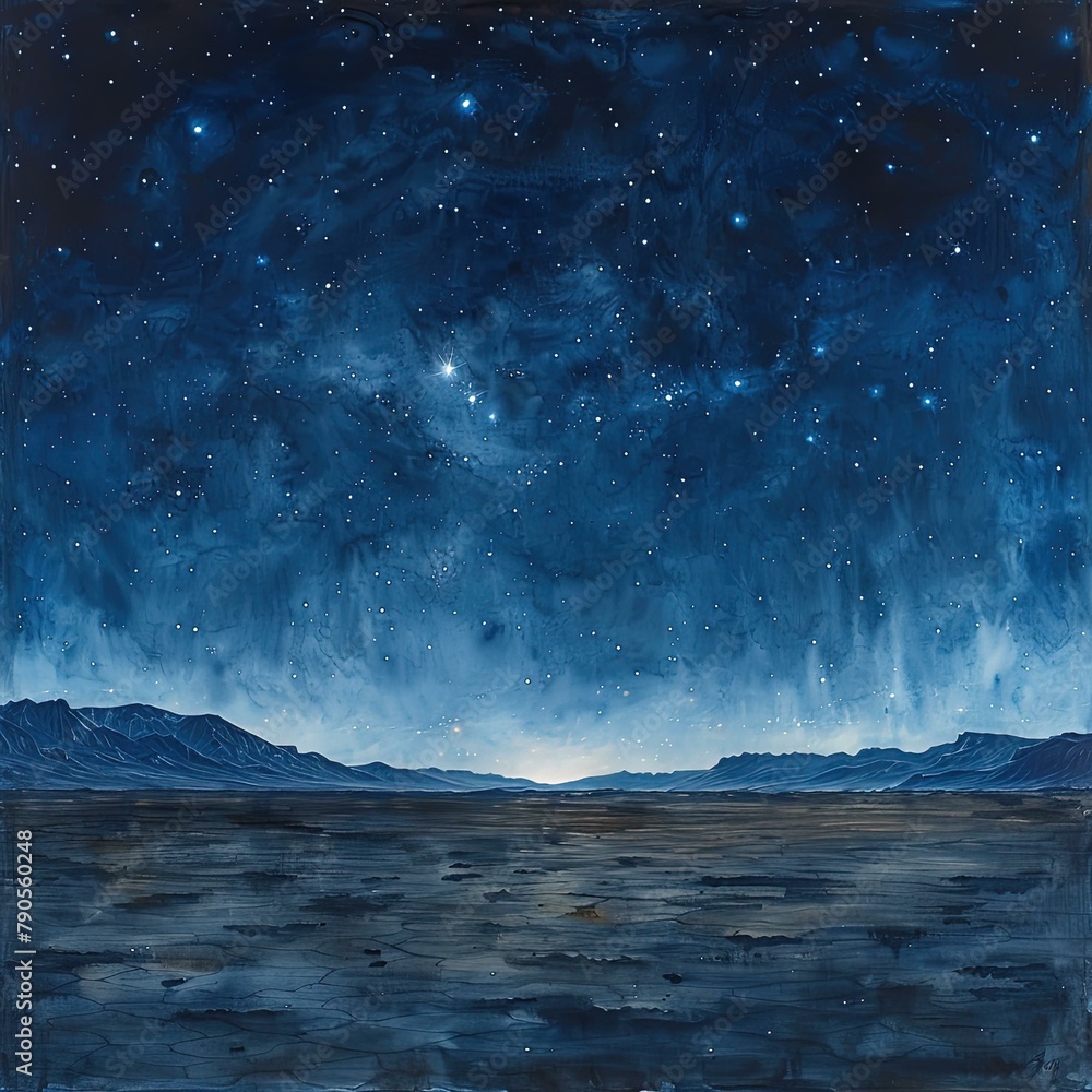 painting of a night sky with stars and a distant horizon
