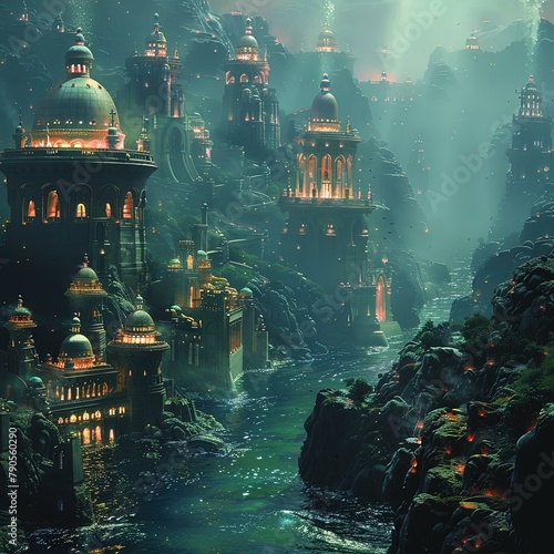 a picture of a fantasy city with a river running through it