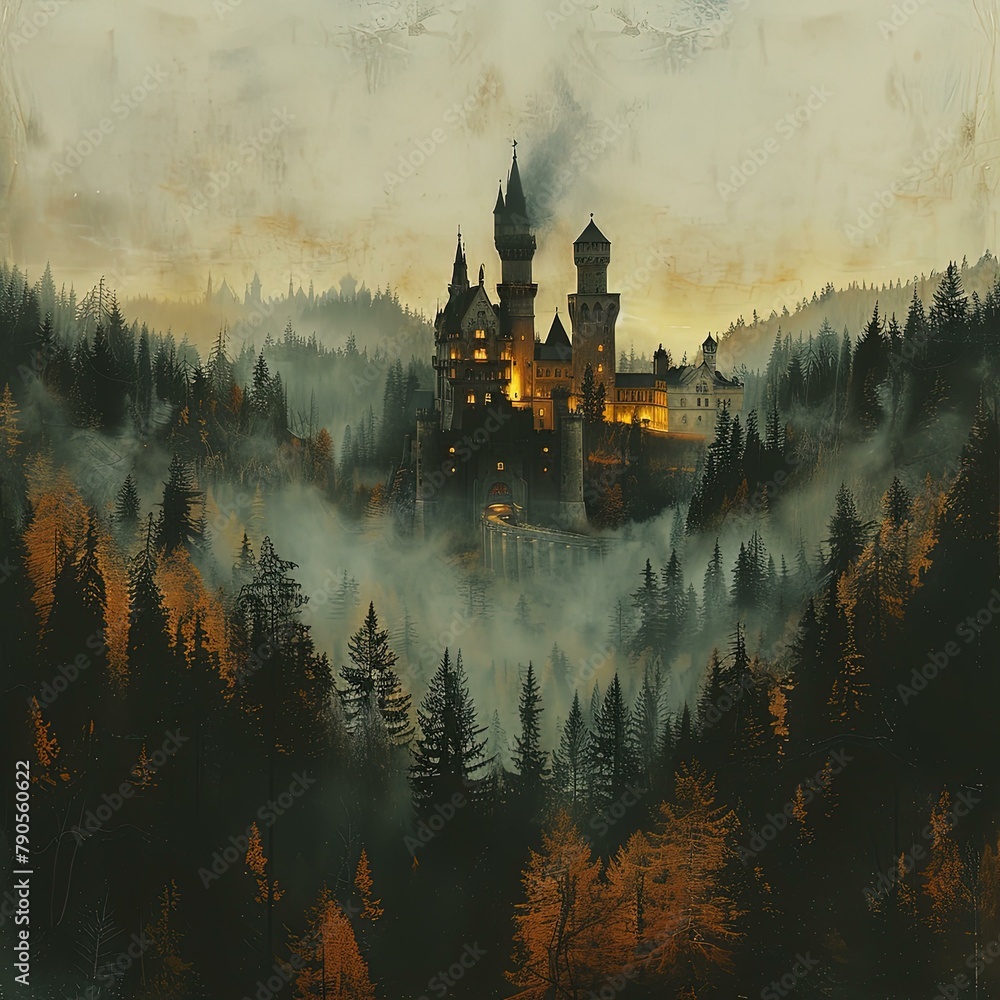 a castle in the middle of a forest with fog