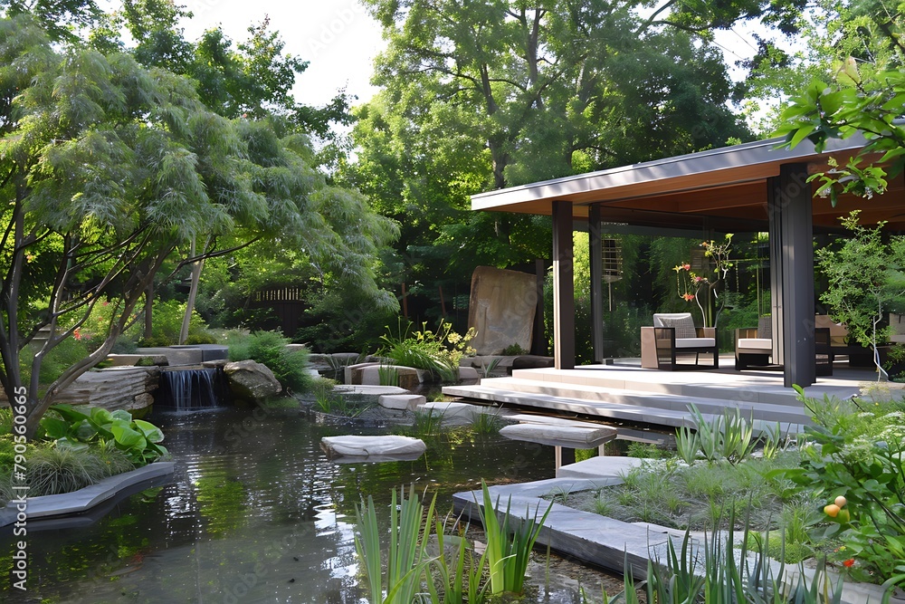 : A serene courtyard with a tranquil pond and lush greenery, featuring a contemporary pavilion that blends seamlessly with the natural surroundings.