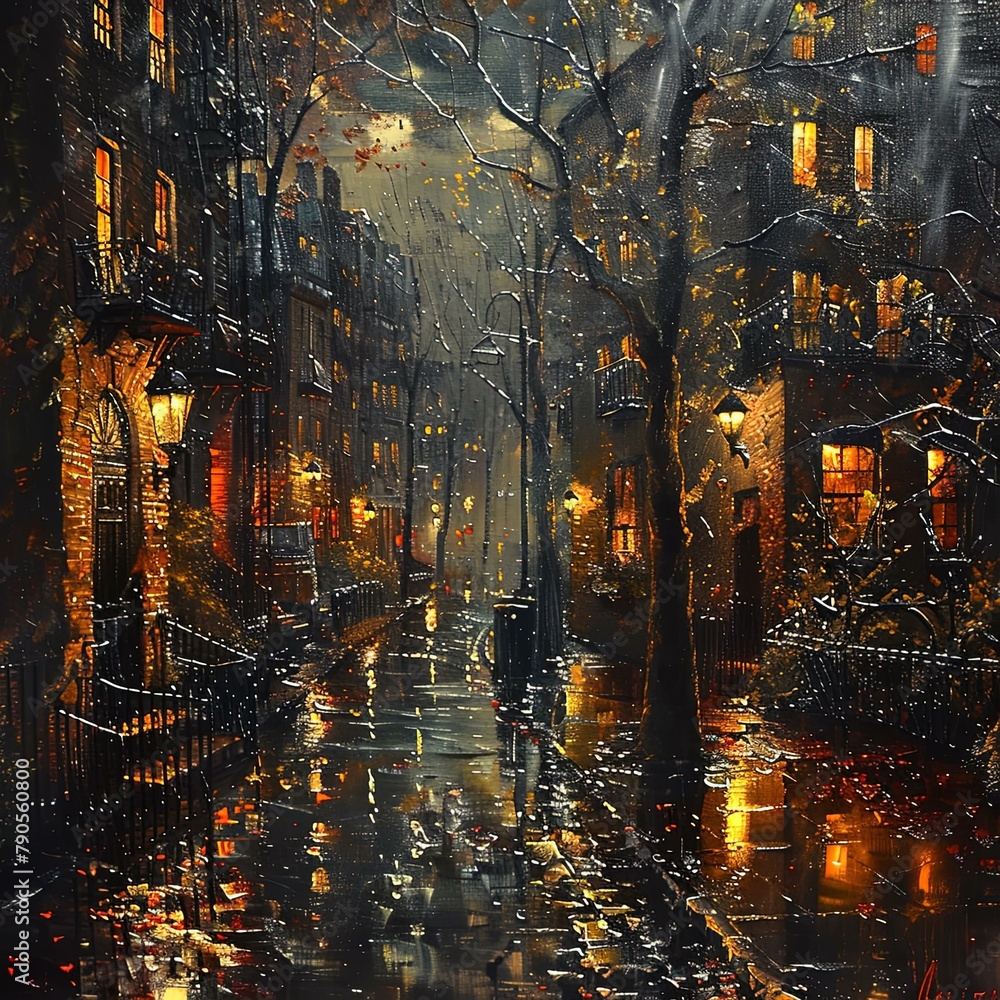 painting of a city street with a couple walking down the street