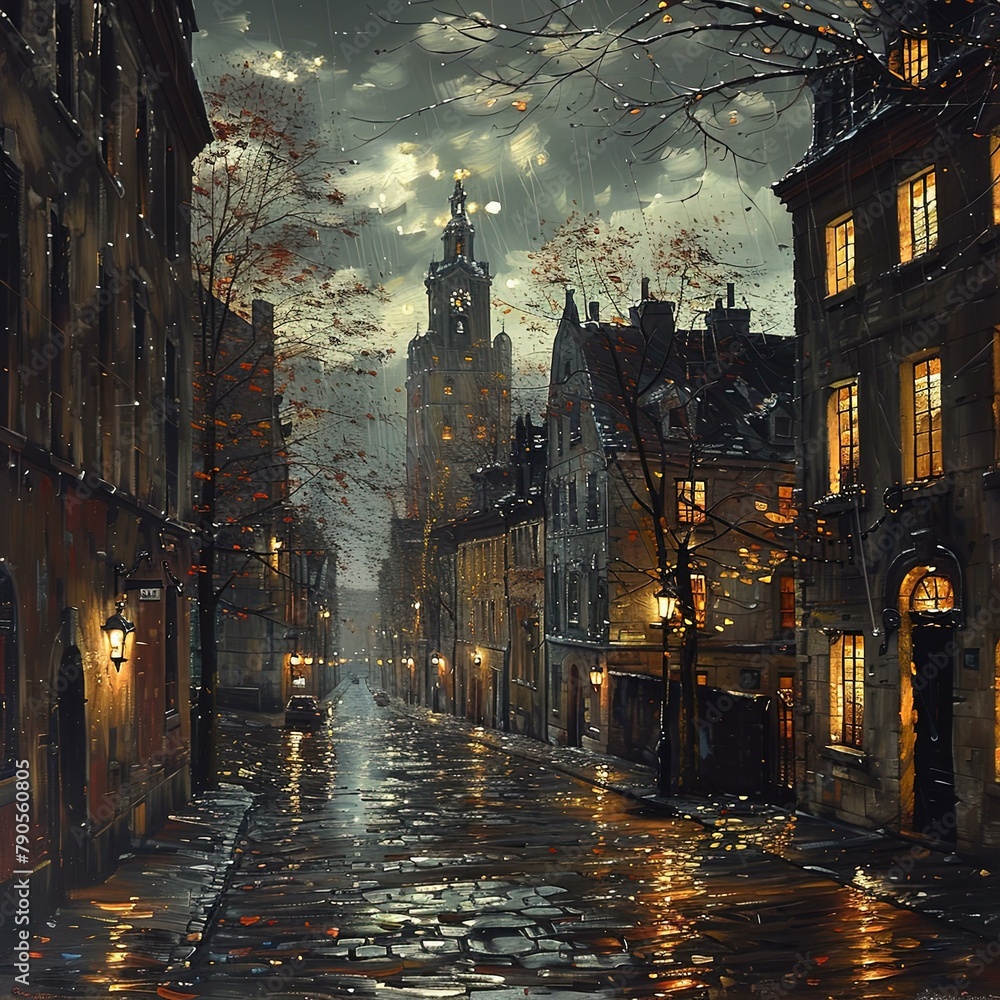 painting of a city street at night with a car driving down the street