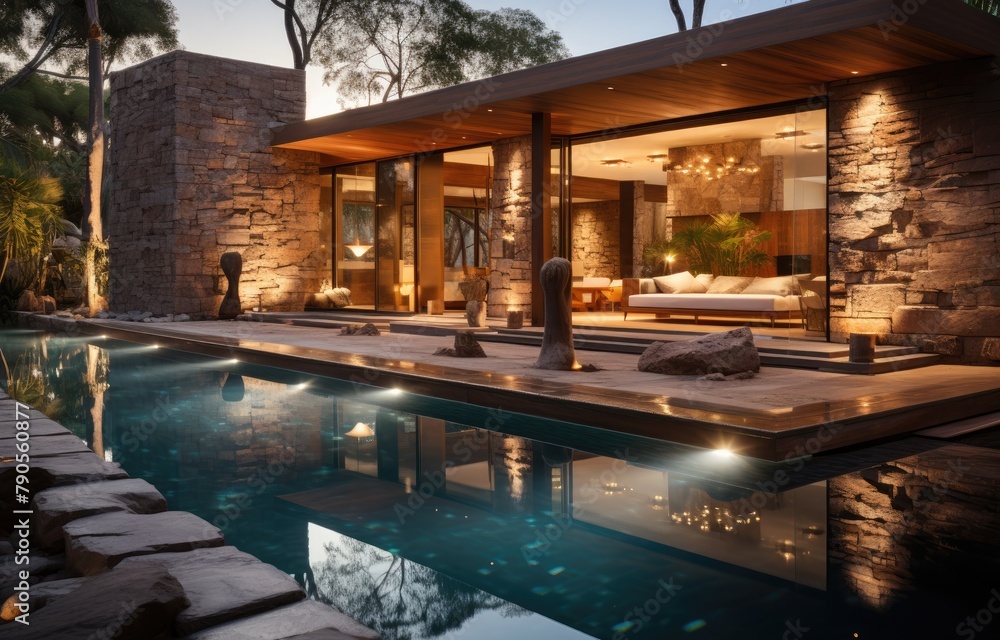 Modern Luxury Home with Pool at Dusk