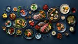 a delectable spread of gourmet dishes meticulously arranged on a rich navy blue background, captured in stunning 8k ultra HD resolution for cinematic appeal.