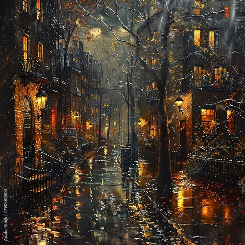 painting of a city street with a couple walking down the street