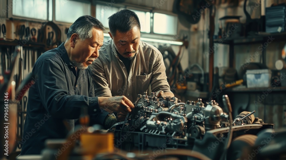 Two men are working on a car engine in a garage