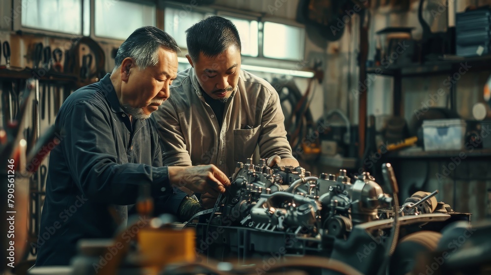 Two men are working on a car engine in a garage Two men are working on a car engine in a garage
