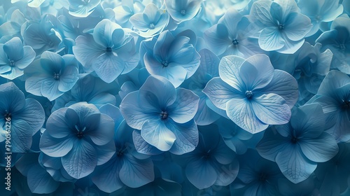 A mesmerizing array of azure hydrangeas, their ethereal petals floating upon a background of pristine snow white, a study in serenity.